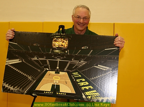 FBC Social M.C., Jim Long, shows off photo of the new Matt Arena brought by Kurt Zimmerman.